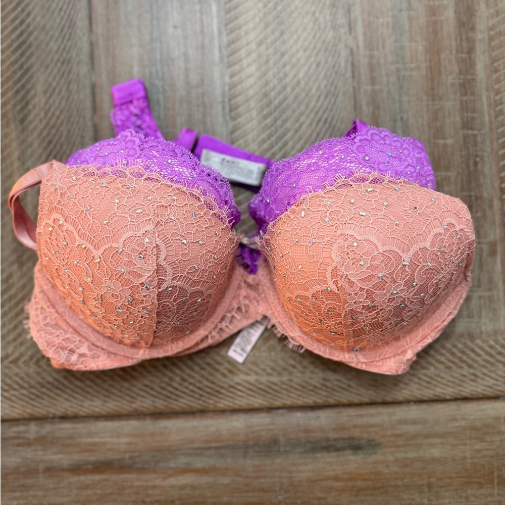 34C Lace Push-Up Bra Set - Purple and Peach